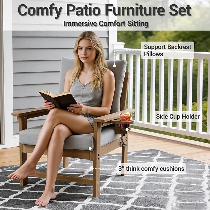 7-Piece HDPE Patio Conversation Set w/ 4 Cup Holders, All-Weather Outdoor Sectional Furniture, Thick Washable Cushions, Coffee Table & Side Table for Backyard Porch Poolside, Brown