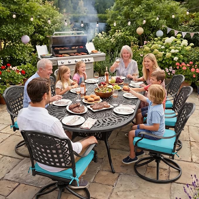 VIVIJASON 9-Piece Outdoor Patio Furniture Dining Set, All-Weather Cast Aluminum Conversation Set, Include 8 Swivel Dining Chairs and an Oval Table with Umbrella Hole, Ocean Blue Cushion