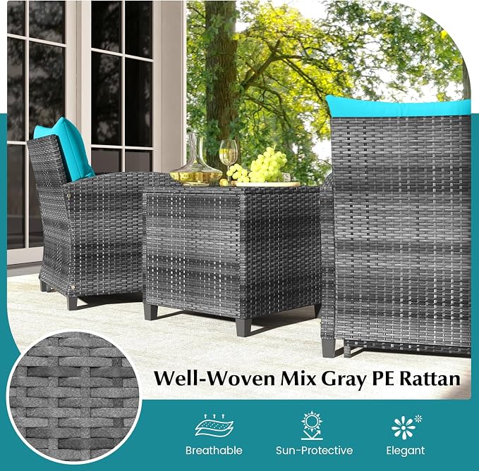 COSTWAY 5-Piece Rattan Conversation Set, Outdoor Wicker Sofa, Tempered Glass Coffee Table & Ottomans for Small Space, Boho Chic Indoor/Outdoor Furniture Set for Poolside, Backyard, Deck (Turquoise)