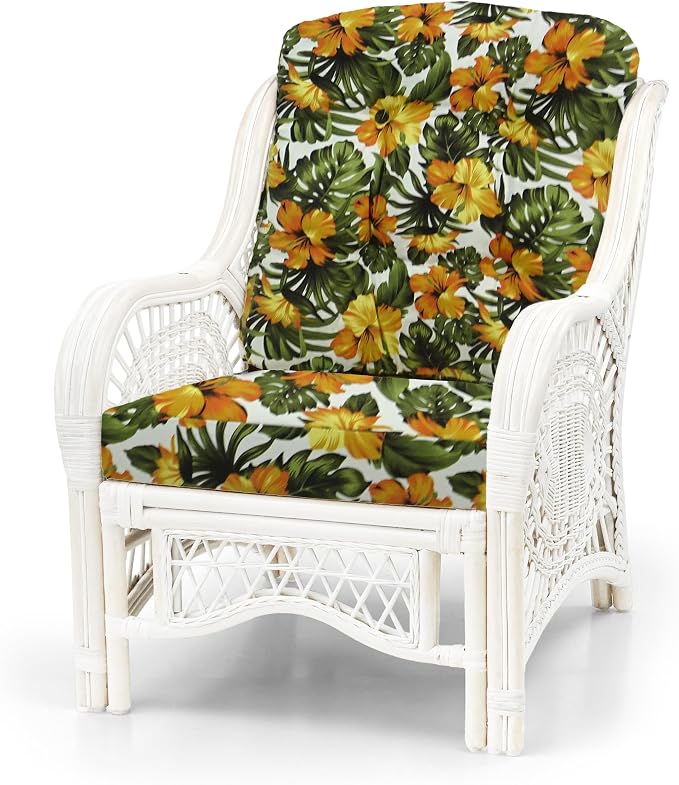 Malibu Lounge Set of 4: 2 Natural Rattan Wicker Chairs, Three-Seater Sofa with Floral Cushions and Coffee Table with Glass Handmade, White Color