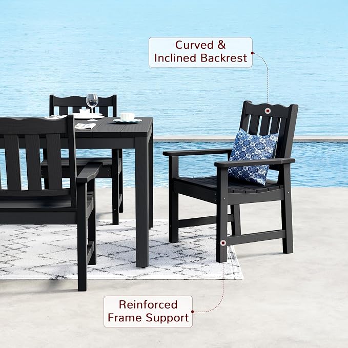Stoog 7 Pieces Patio Dining Sets, All-Weather HIPS & Aluminum Outdoor Dining Table with Umbrella Hole, Patio Furniture Set Include 1 Table and 6 Chairs, for Backyard, Garden and Deck, Black