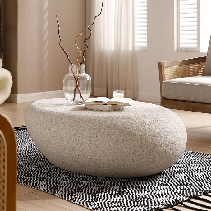 43.3" Faux Stone Coffee Table Modern Unique Coffee Table Oval Center Tables Round Edge Design Fiberglass Oval Accent Tables for Living Room Office Apartment No Assembly, Cream White