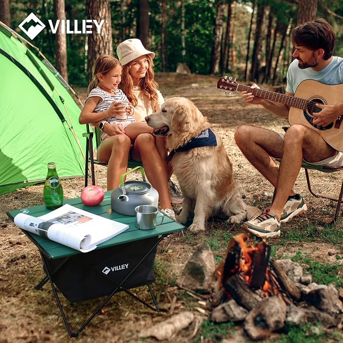 VILLEY Portable Camping Side Table, Ultralight Aluminum Folding Beach Table with Carry Bag and Under-Table Storage Hammock for Outdoor Cooking, Picnic, Camp, Boat, Travel, Medium