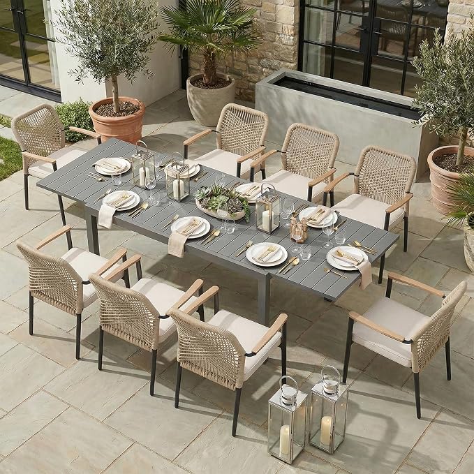 SUNSITT 9 Piece Outdoor Patio Dining Set, 63" - 105" Aluminum Expandable Outdoor Dining Table and 8 Woven Wicker Patio Chairs w/WPC Armrests for Garden, Dark Grey