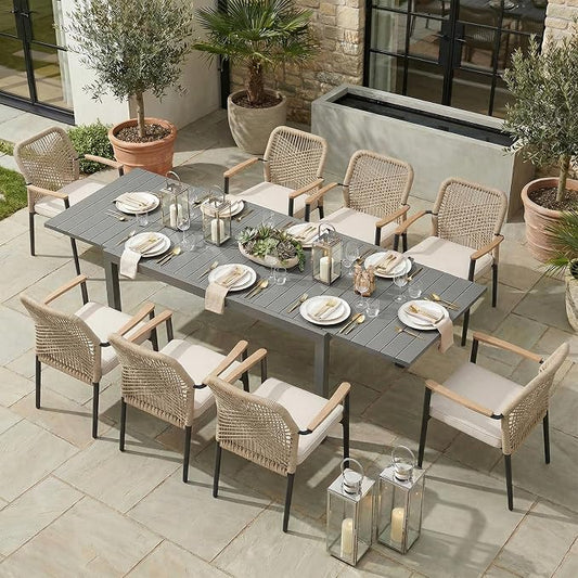 SUNSITT 9 Piece Outdoor Patio Dining Set, 63" - 105" Aluminum Expandable Outdoor Dining Table and 8 Woven Wicker Patio Chairs w/WPC Armrests for Garden, Dark Grey