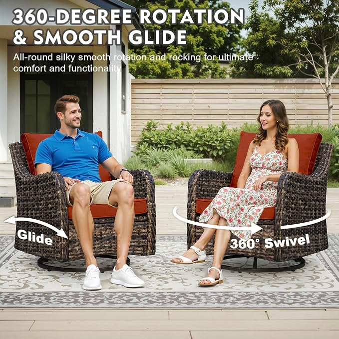 MEISSALIVVE Patio Furniture Set with Swivel Rocking Chairs, 10 Pieces Patio Conversation Set, Outdoor Wicker Sofa Couch with Waterproof Cushions for Lawn Backyard Porch (Red)