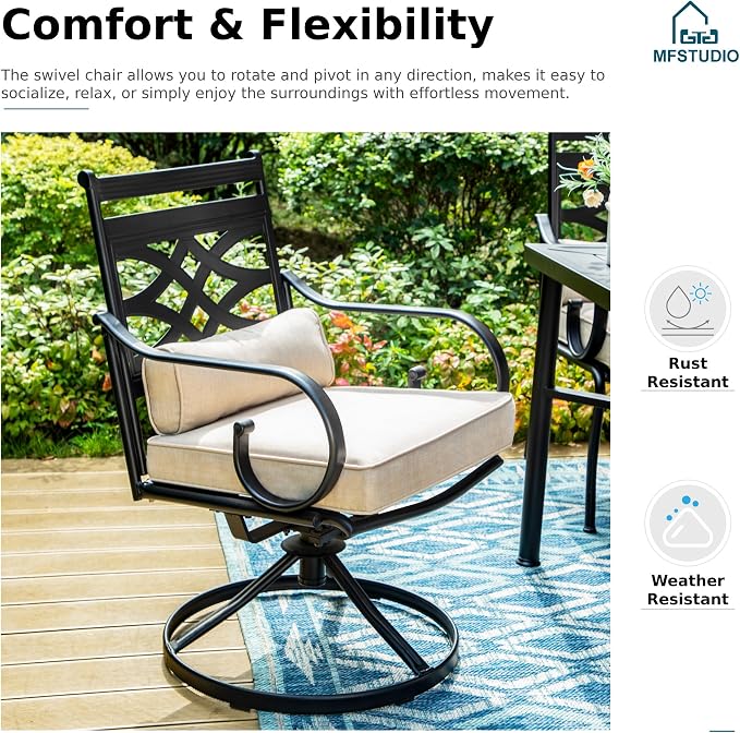MFSTUDIO Patio Dining Set, 37" Square Wood-Look Table, Swivel Chairs | Umbrella Hole, Seats 4, All-Weather Use