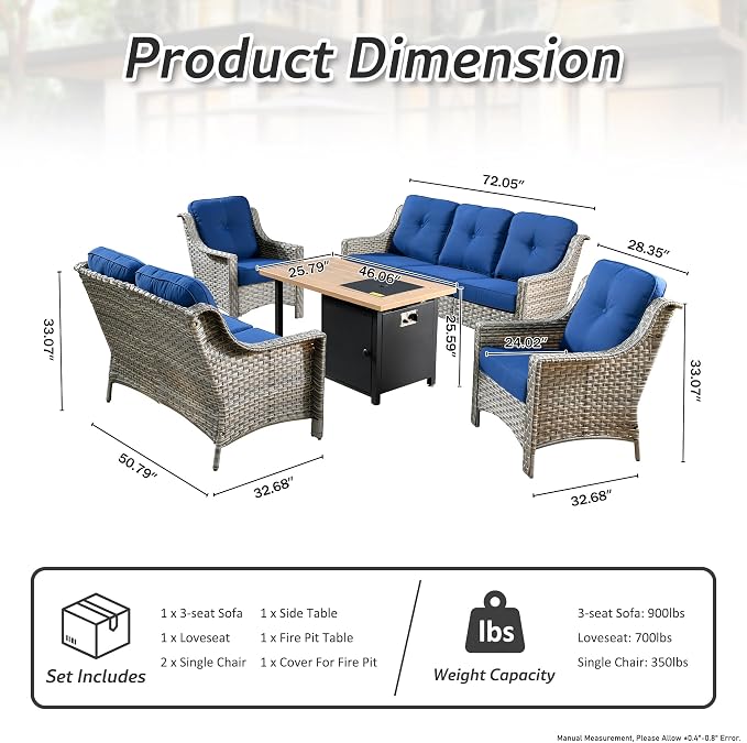 HOOOWOOO 5 Piece Patio Set with Fire Pit Table, All Weather Resistant High Back Rattan Outdoor Wicker Furniture (Navy Blue)
