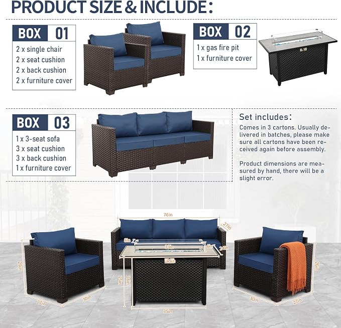 Rattan Star 4 Piece Patio Furniture Set 45 Inches Fire Pit Table Outdoor Furniture Sets Patio Couch Outdoor Chairs 50000 BTU Propane Fire Pit with No-Slip Cushions and Waterproof Covers, Navy Blue