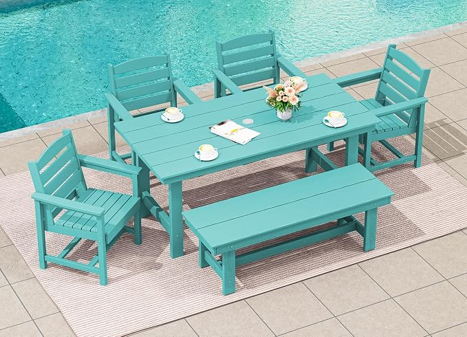 SERWALL 6 Pcs HDPE Dining Set, Includes 1 Table, 1 Bench & 4 Chairs, Aruba | Outdoor Dining Set with Bench, All-Weather Resistant SERWALL Dining Set for patio