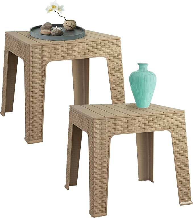 Sunnydaze Adirondack Small Outdoor Side Table for Balcony Essentials - Plastic Square End Table for Outside Patio - Set of 2 - Beige