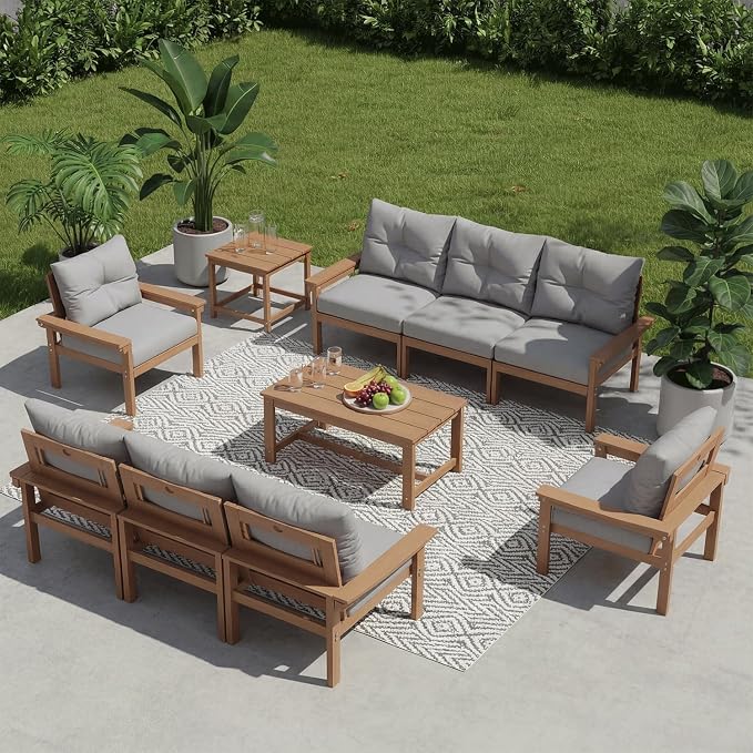 HDPE 10 Piece Outdoor Patio Furniture Set, All-Weather Outdoor Couch Set with Thick Cushions & Table, Patio Conversation Set for Lawn, Garden, Porch, Balcony, Deck, Poolside, Teak Grey