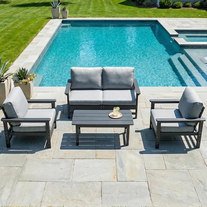 HDPE Outdoor Patio Furniture Set, 5-Piece Sofa Set with 2-Seat Couch, 2 Armchairs & Coffee Table, Weatherproof Conversation Set with Cushions, All-Weather Waterproof, for Garden, Porch & Backyard