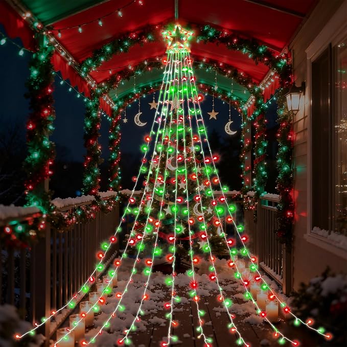 Christmas Decorations, Outdoor Christmas Lights, 320 LED Outdoor Christmas Tree String Lights with 12" Star Toppers [8 Modes& Waterproof] for Xmas New Year Holiday Decor (Red & Green)