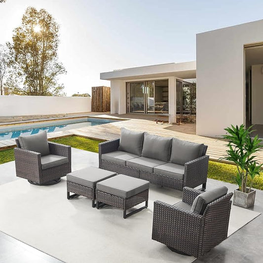 Belord Wicker Patio Furniture 5 Piece Outdoor Sofa Set, Oversize Outdoor Swivel Rocker Chairs with Rattan Ottomans, Conversation Sets Patio Furniture Come with Removable Cushion Grey, Anti-Rust Frame