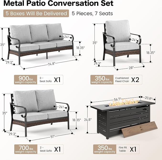 SUNSHINE VALLEY 5 PCS Metal Outdoor Patio Furniture Sets with Firepit Table, Patio Conversation Sets 1 3-Seater Sofa, 1 2-Seater Loveseat, 2 Single Sofa with 5.75" Cushion for Backyard, Light Gray