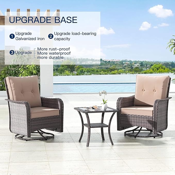 Kullavik Outdoor Swivel Chairs Set of 2,Patio Wicker Rocker Chairs with 4" Thick Cushions and Side Table,Patio Conversation Furniture Set for Patio Porch Deck Backyard,Sand