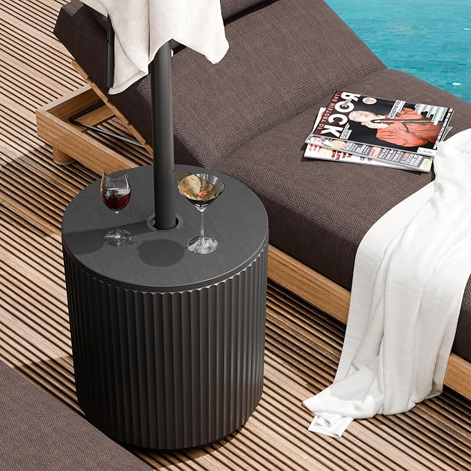 Outdoor Umbrella Stand, Free-Standing Umbrella Side Tables, Patio Umbrella Water Fill Base, Fluted Outdoor Side Table Umbrella Stand, Black
