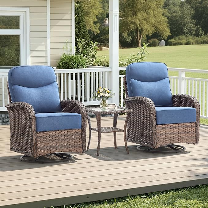 Luxury Wicker Patio Furniture Set with 6-Inch Thick Cushions, 3 Pieces Outdoor Swivel Rocker Patio Chairs Set of 2 with Rattan Side Table, Outdoor Patio Conversation Sets for Garden Deck, Blue