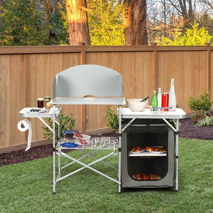 HAPPYGRILL Folding Grill Table Outdoor Camping Kitchen Table with Carry Bag Portable Aluminum Camp Cook Station for BBQ Picnic (Grey)
