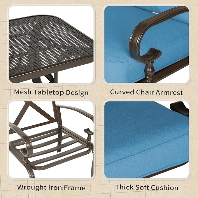 4Pcs Outdoor Furniture Metal Patio Conversation Sets, Loveseat, 2 Patio Dining Chairs with Coffee Table, Metal Frame Chair Set (Peacock Blue)