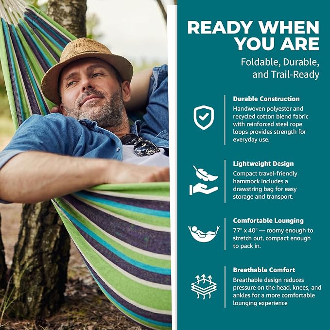 Bliss Hammocks BH-400-CC 40" Wide Hammock w/Hand-Woven Rope Loops & Hanging Hardware, Outdoor, Patio, Backyard Durable, Cotton and Polyester Blend, 220 Lbs Capacity, Country Club