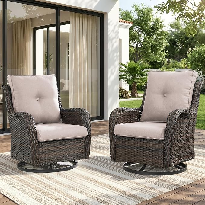 Rilyson Luxury Outdoor Wicker Glider Rocker Chairs for 4 Person, Outdoor Furniture Sets with 2 Piece Wicker Swivel Rocker Chairs, Rattan Glider Rocker Chairs with Table for 2 Seats Brown/Beige
