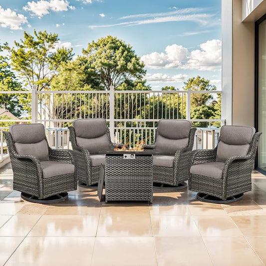 Outdoor Swivel Rocker Patio Chairs Set of 4 with Fire Table - 5" Thick Cushion 5 Piece Furniture Set with Fire Pit Table All Weather Wicker Conversation Set for Porch Deck - Gray/Gray