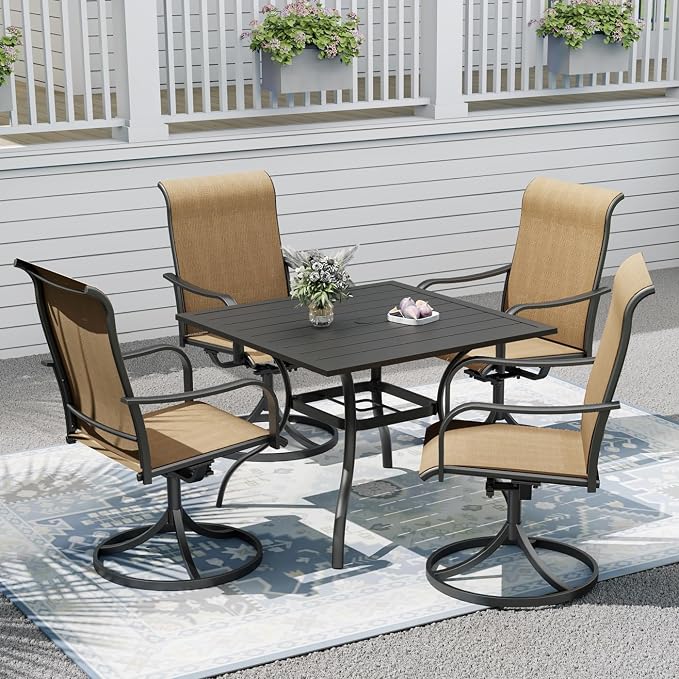 Outdoor Patio Furniture Set, 4 Piece Swivel Patio Chairs and 35" Steel Dining Table with 1.6" Umbrella Hole, Suitable for All-Weather