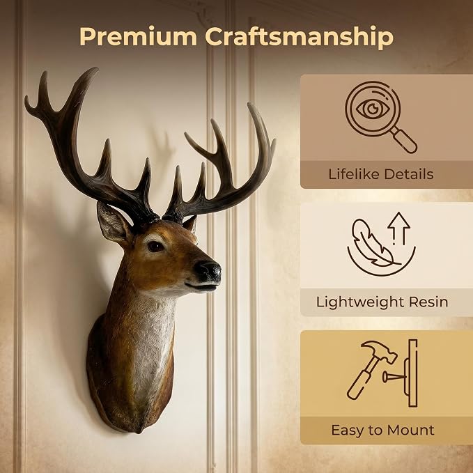 Deer Head Wall Decor, 19 Inch Large Stag Buck Horns | Faux Taxidermy, 3D Resin, Lifelike Wildlife Statue, For Living Room Cabin Hunting Lodge Man Cave