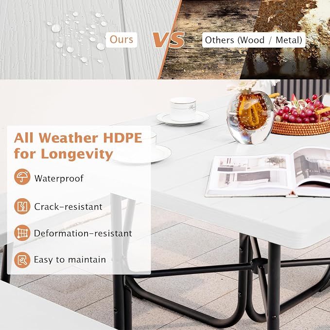Giantex Picnic Table Set for 8 Persons, Outdoor Table and Bench with Umbrella Hole, HDPE Top & Metal Frame, 500LBS Capacity, Square Patio Table Bench for Deck Backyard Garden (White)