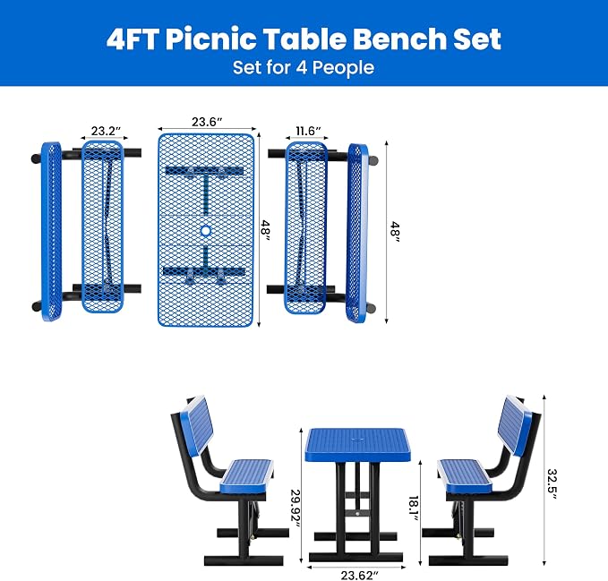 4FT Outdoor Metal Picnic Table with 2 Benches,Heavy Duty Rectangular Picnic Table Set for Outside, Waterproof Commercial Restaurant Table Furniture for Park, Campfield, Patio, Garden, Yard