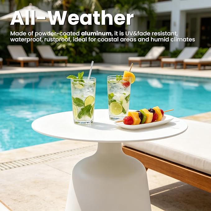 Round Patio Coffee Table: All Weather Aluminum Accent Table, Small End Table for Compact Condo, Outdoor Indoor Side Table for Balcony Poolside Porch Cafe Bistro, φ19.7''x18''(H), White