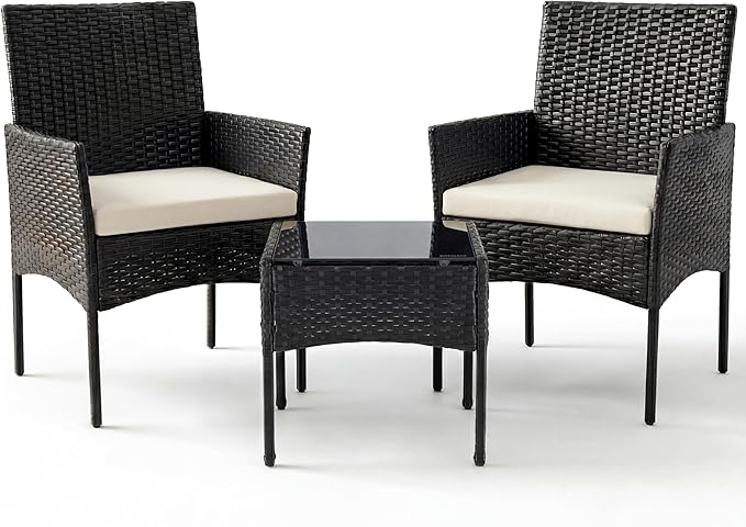 Sweetcrispy 3 Piece Patio Furniture Set, All-Weather Outdoor Wicker Bistro Set with Removable Cushions & Tempered Glass Table, Small Conversation Seating for Porch, Balcony, Deck, Backyard, Black