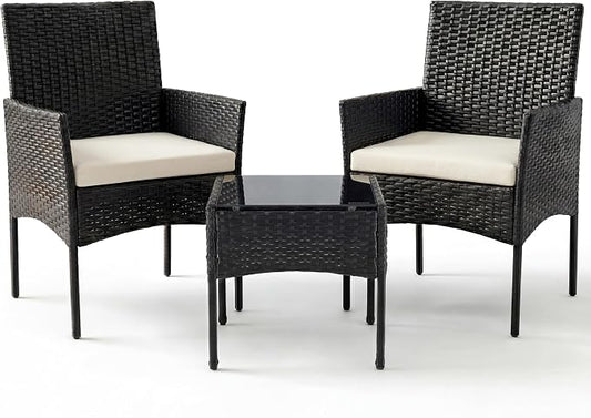 Sweetcrispy 3 Piece Patio Furniture Set, All-Weather Outdoor Conversation Set with Removable Cushions & Tempered Glass Table, Small Bistro Set for Balcony, Porch, Backyard, Deck, Black