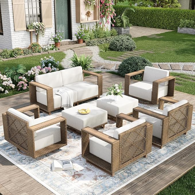 MIXPATIO Patio Furniture Set with Swivel Chairs, 7 Piece Outdoor Wicker Sofa Couch Set, Yellow Rattan Deep Seating Conversation Sets with 10" Thick Cushions, Low Profile Deck Lawn Garden Furniture