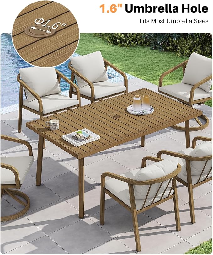 Never-Rust Aluminum Patio Dining Table, 63" x 35" Rectangular Outdoor Dining Table for 6, Outdoor Patio Table with Umbrella Hole for Backyard, Garden, Balcony, Deck, Teak