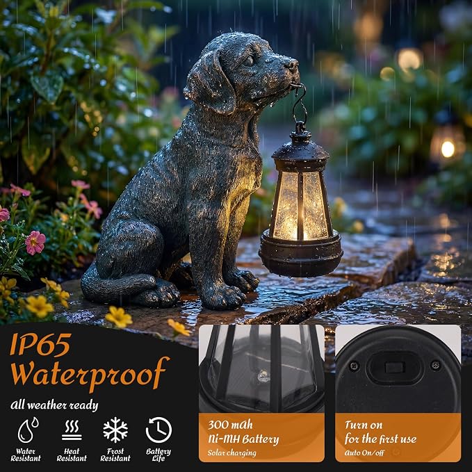 Lyeasw Solar Dog Statues with Lantern, 8.4 inch Ideal Gifts for Mom, Dad or Birthdays Dog Memorial, Outdoor Decorations for Patio Porch Lawn Backyard