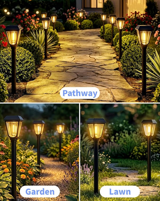Solar Pathway Lights 8 Pack Outdoor 3000K Bright Auto On/Off Solar Garden Lights Long Lasting Solar Powered Waterproof Landscape Light for Path Yard Walkway Lawn Driveway Decor Lighting - Warm White