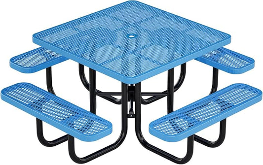 Heavy Duty Picnic Table with Umbrella Hole, Expanded Meta Outdoor Metal Patio Dining Table & Outdoor Bench Set, Steel Mesh Dining Furniture for Garden, Lawn, Patio (47 INCH Blue Square Table)