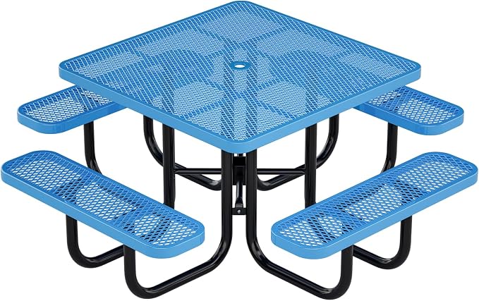 46IN Square Outdoor Picnic Table with Attached Seats, Heavy-Duty Metal Expanded Mesh Patio Table, 1600LBS Load Capacity Commercial-Grade Table for Park, Backyard, Deck, Blue