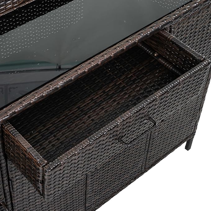53.2"W Outdoor Weather-proof Rattan Storage Cabinet with Tempered Glass Desktop,Outdoor Wicker Bar Table with One Large Drawer & Adjustable Shelves for Patio, Backyard,Garden,Pool (Black+Brown#81)