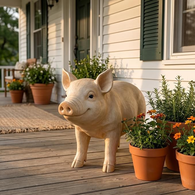 25.6" Cute Pig Resin Garden Statue | Farmhouse Animal Yard Decor, Lifelike Farmhouse Pig Sculpture, For Yard or Patio