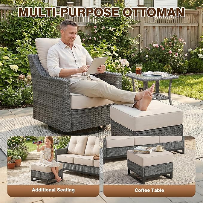 10 Piece Patio Furniture Set, 360°Swivel Glider Patio Chairs Set of 4, Outdoor 4 Ottomans and 2 Sofas, Comfortable Seating with 6 Inch Thick Cushions, All-Weather Wicker Outdoor Patio Set