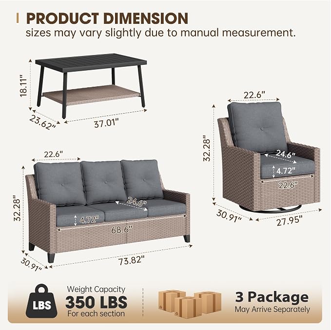 NestNook 4 Piece Patio Furniture Set, Outdoor Rattan Swivel Glider Chairs Set of 2 with 3-Seater Sofa and Coffee Table Wicker Patio Conversation Set for Backyard Balcony & Poolside（Dark Grey）