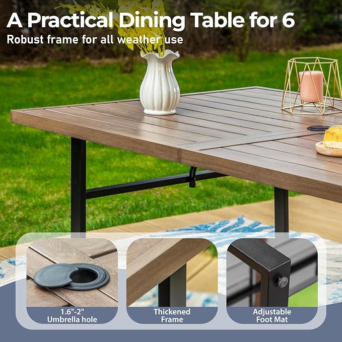 SUNSHINE VALLEY 7 Piece Patio Dining Set for 6, 64” Rectangular Wood-Like Metal Table with Umbrella Hole and 6 Chairs, Outdoor Table and Chairs Set for Lawn Backyard and Deck, Brown