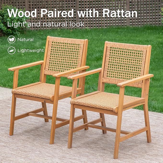 PHI VILLA Outdoor Dining Set, Acacia Wood Construction Teak 9 Piece | Wicker Chairs, Weather-Resistant