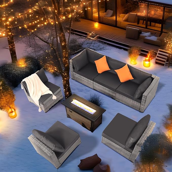 FHFO 7 Piece Outdoor Wicker Patio Furniture Set, Grey/Dark Grey | Sectional Sofa | All-Weather Hand-Woven Rattan | Tempered Glass Coffee Table | Free Combination | Indoor & Outdoor Use