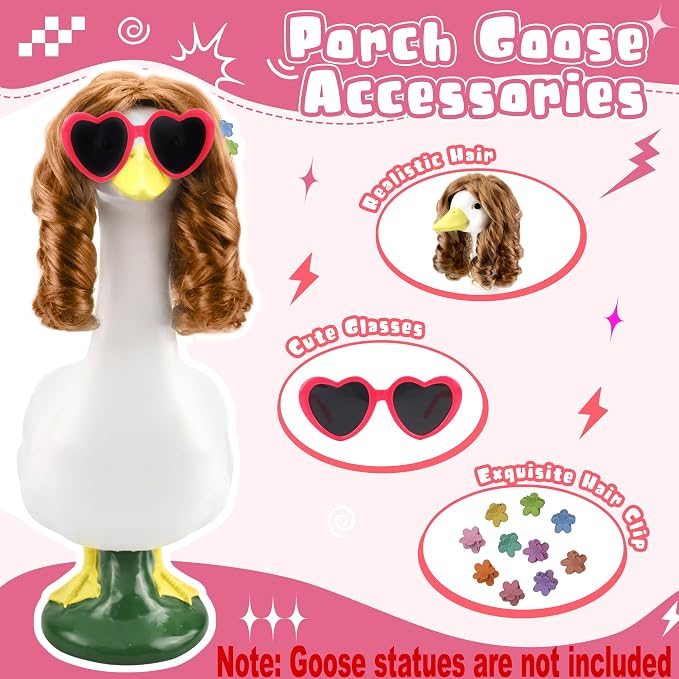 8090 Vintage Porch Goose Wigs Accessories 2 Pack with Sunglasses Retro Street Style Porch Goose Braid Wigs Outdoor Decor for Lawn Goose Statues