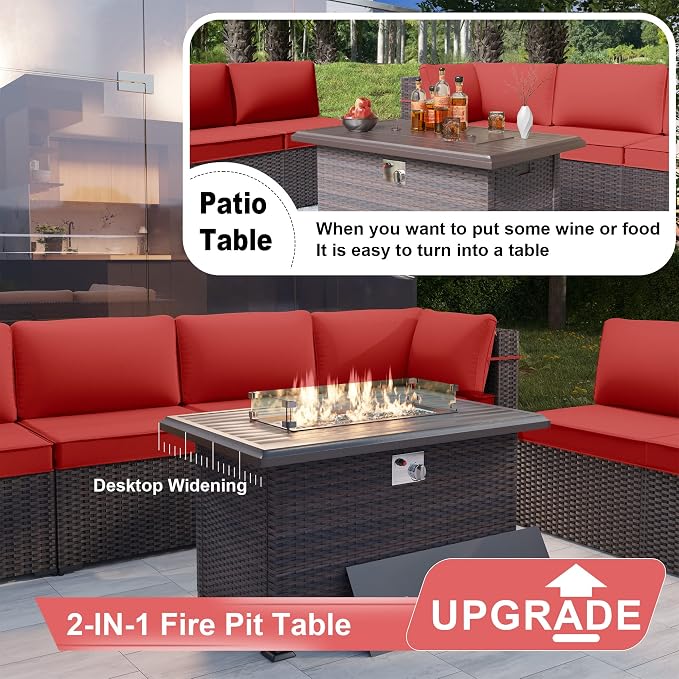 Kurapika 8 Pieces Patio Furniture Set, Rattan Wicker Outdoor Conversation Sets w/43in Propane Fire Pit Table and 4 Inch Cushion(Red)